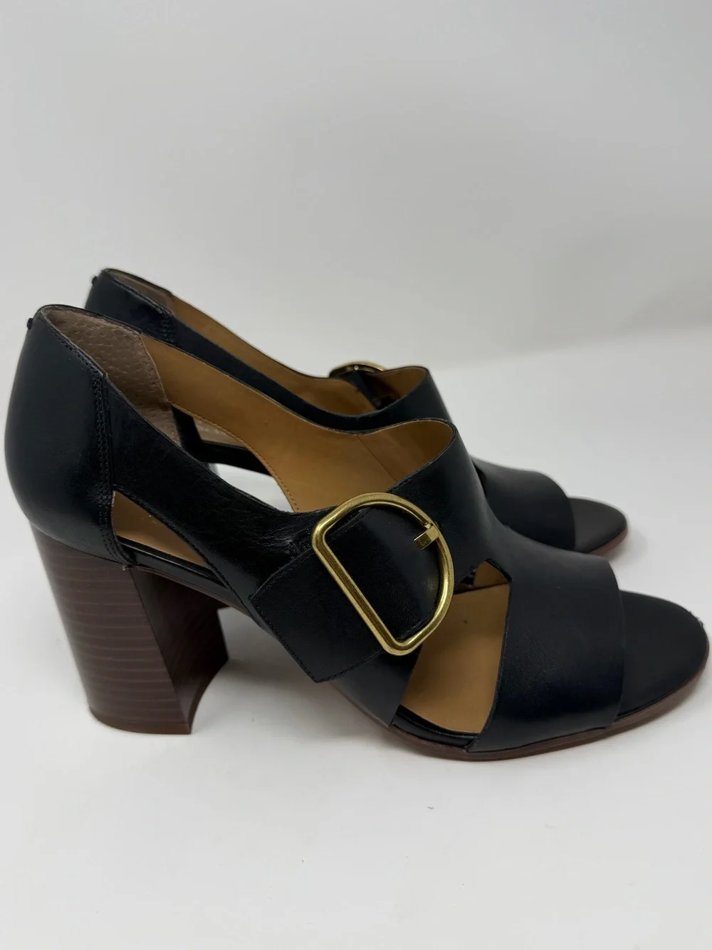 Franco Sarto Black Leather Open-Toe Block Heel Sandals with Gold Buckle Sz. 8.5